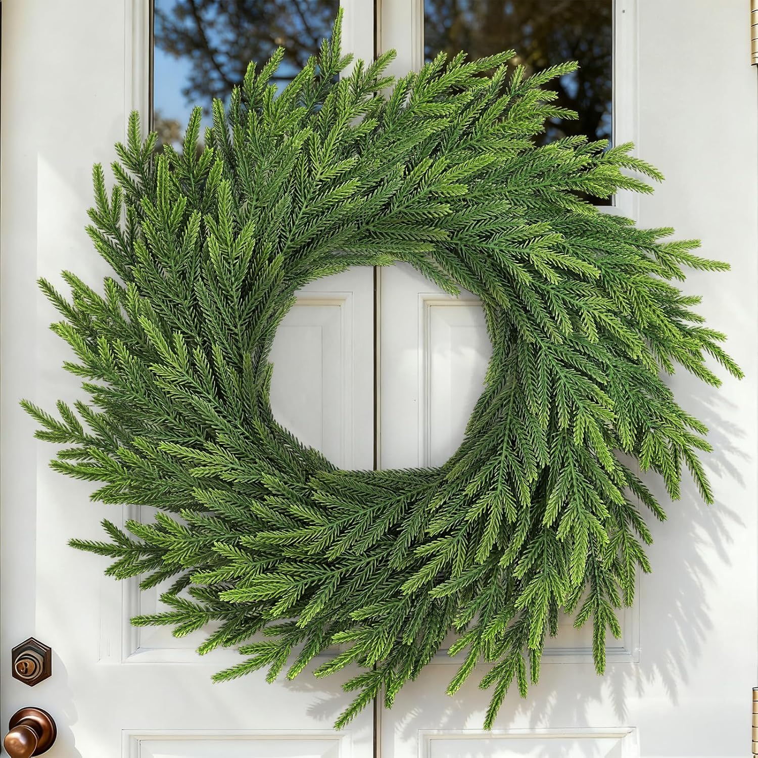 24 Inch Norfolk Pine Wreath, Real Touch Artificial Green Christmas Wreaths for Front Door, Windows, Porch, Wall, Indoor, Outdoor Xmas Holiday Decorations